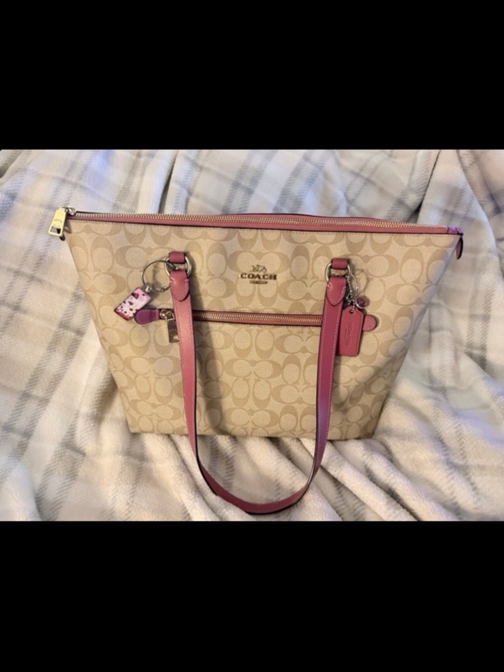Coach Beige Signature Canvas Tote with Pink Trim